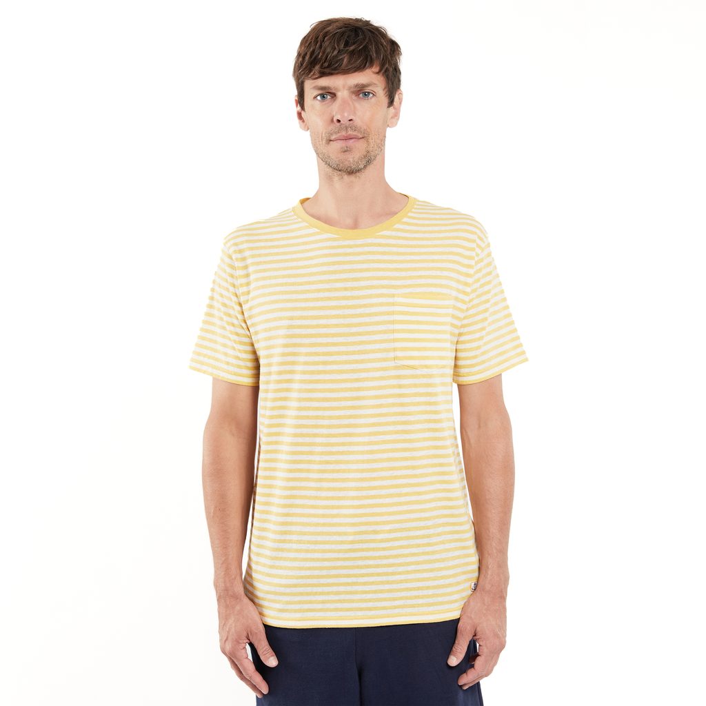 Gentleman Store - Leichtes gestreiftes T-Shirt aus Baumwolle und Leinen  Armor Lux Héritage - Yellow / Nature - Armor Lux - T-Shirts - Kleidung