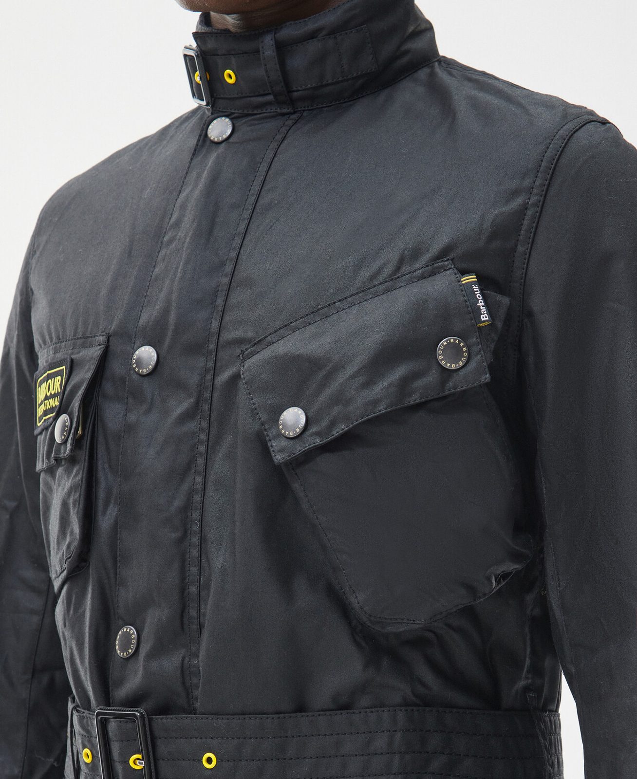 Barbour international belted wax jacket discount