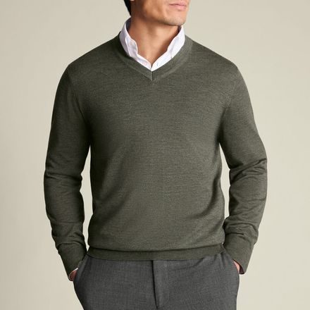 Charles Tyrwhitt Pure Merino V-Neck Jumper — Olive