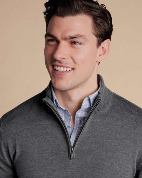 Charles Tyrwhitt Merino Zip Neck Jumper — Grey