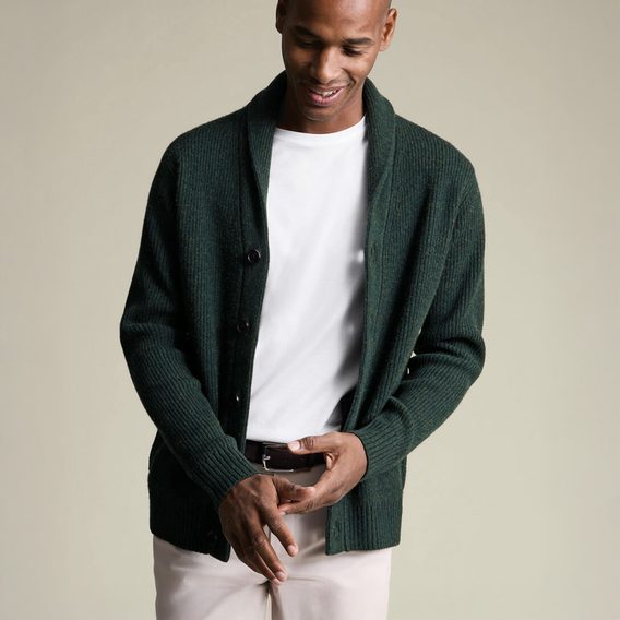 Charles Tyrwhitt Pure Merino Shawl Neck Chunky Cardigan — Green