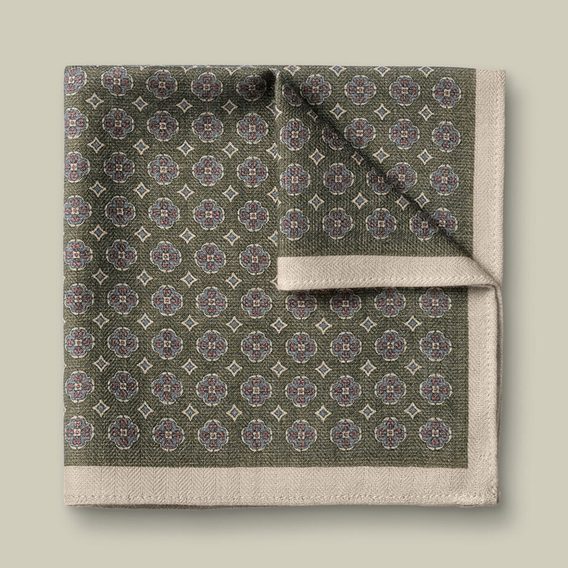 Charles Tyrwhitt Wool Silk Medallion Print Pocket Square — Olive