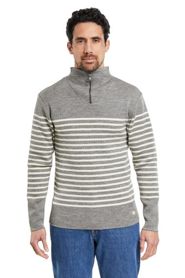 Gestreifter Pullover aus Wolle mit Halsverschluss Armor Lux Pull Camionneur Héritage - Light Grey / White