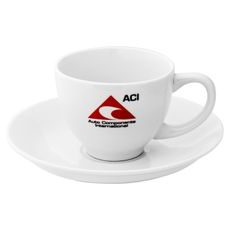HRNČEK NA PRESSO (90 ML) + PODŠÁLEK, BIELY S LOGOM ACI