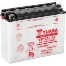 MOTOCYKLOVÁ BATÉRIA 12V, YB16AL-A2, 16,8AH, 210A, KONVENČNÉ YUMICRON 207X72X164, YUASA ORIGINÁL (VR. BALENIE ELEKTROLYTU)