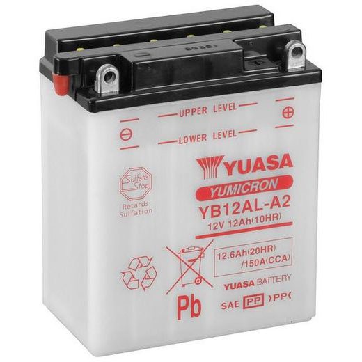 MOTOCYKLOVÁ BATÉRIA 12V, YB12AL-A2, 12,6AH, 150A, KONVENČNÉ YUMICRON 134X80X160, YUASA ORIGINÁL (VR. BALENIE ELEKTROLYTU)