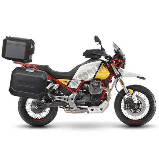 KOMPLETNÁ SADA ČIERNYCH HLINÍKOVÝCH KUFROV SHAD TERRA BLACK, 37 LITROV VRCHNÝ KUFOR, 36/47 LITROV BOČNÉ KUFRE, VRÁTANE MONTÁŽNEJ SADY A PLATNI SHAD MOTO GUZZI V 85 TT