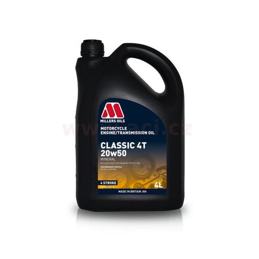 MILLERS OILS CLASSIC 4T 20W50 - MINERÁLNÍ OLEJ PRE 4-TAKTNÍ MOTORY, PRE APLIKÁCIA S MOKROU SPOJKOU, JASO MA2 4 L