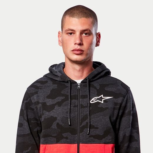 MIKINA CAMO BLOCK HOODIE, ALPINESTARS (ŠEDÁ CAMO/ČERVENÁ FLUO)