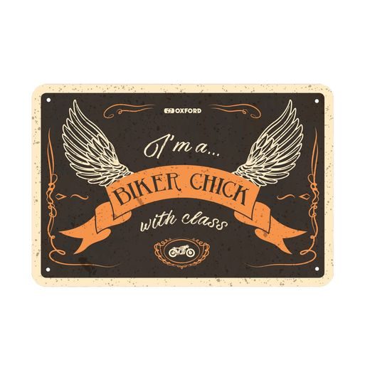 PLECHOVÁ CEDUĽA BIKER CHICK WITH CLASS, OXFORD (ČERNÁ/KRÉMOVÁ/ORANŽOVÁ, ROZMER 30 X 20 CM)