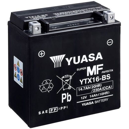 MOTOCYKLOVÁ BATÉRIA 12V, YTX16-BS, 14,7AH, 230A, BEZÚDRŽBOVÁ MF AGM 150X87X161, YUASA ORIGINÁL (VR. BALENIE ELEKTROLYTU)