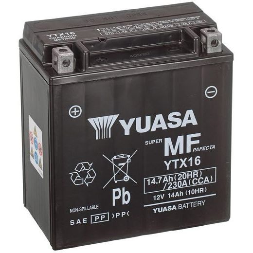 MOTOCYKLOVÁ BATÉRIA 12V, YTX16, 14,7AH, 230A, BEZÚDRŽBOVÁ MF AGM 150X87X161, YUASA ORIGINÁL (AKTIVOVANÁ VO VÝROBE)
