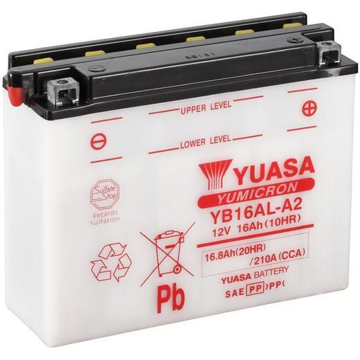 MOTOCYKLOVÁ BATÉRIA 12V, YB16AL-A2, 16,8AH, 210A, KONVENČNÉ YUMICRON 207X72X164, YUASA ORIGINÁL (VR. BALENIE ELEKTROLYTU)