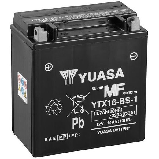 MOTOCYKLOVÁ BATÉRIA 12V, YTX16-BS-1, 14,7AH, 230A, BEZÚDRŽBOVÁ MF AGM 150X87X161, YUASA ORIGINÁL (VR. BALENIE ELEKTROLYTU)