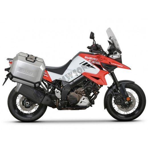 KOMPLETNÁ SADA BOČNÝCH HLINÍKOVÝCH KUFROV SHAD TERRA, 47/47 LITROVÝ BOČNÉ KUFRE, VRÁTANE MONTÁŽNEJ SADY SHAD SUZUKI DL 1000 V-STROM/ DL 1050 V-STROM