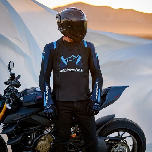 ALPINESTARS T-STUNT AIR – MOTOCYKLOVÁ BUNDA NA CESTNÚ JAZDU (ČIERNA/MODRÁ/SVETLO MODRÁ) 2025