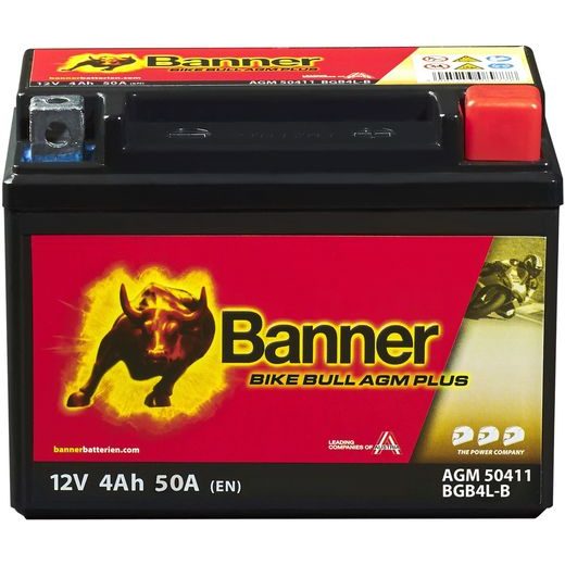 BATÉRIE AGM PLUS 12V, BGB4L-B, 4AH, 50A, BANNER BIKE BULL AGM PLUS 120X70X91