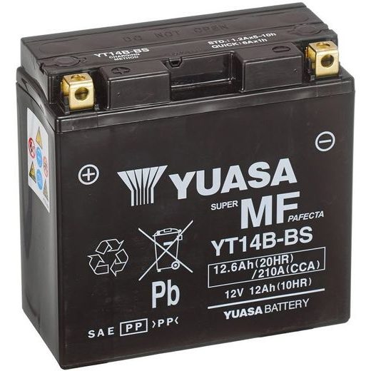 MOTOCYKLOVÁ BATÉRIA 12V, YT14B-BS, 12,6AH, 210A, BEZÚDRŽBOVÁ MF AGM 150X70X145, YUASA ORIGINÁL (VR. BALENIE ELEKTROLYTU)