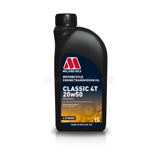 MILLERS OILS CLASSIC 4T 20W50 - MINERÁLNÍ OLEJ PRE 4-TAKTNÍ MOTORY, PRE APLIKÁCIA S MOKROU SPOJKOU, JASO MA2 1 L