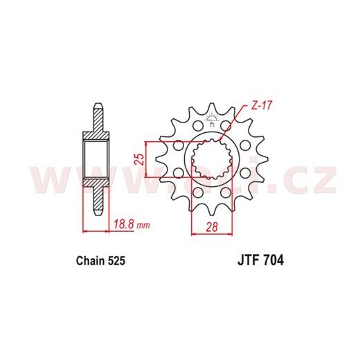 ŘETĚZOVÉ KOLEČKO S TLUMÍCÍ GUMOVOU VRSTVOU PRO SEKUNDÁRNÍ ŘETĚZY TYPU 525, JT (16 ZUBŮ)