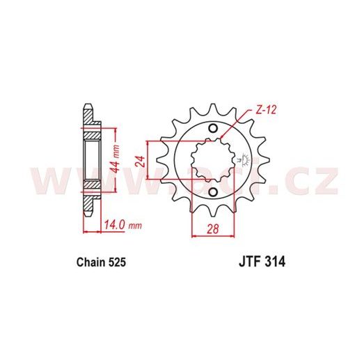 ŘETĚZOVÉ KOLEČKO S TLUMÍCÍ GUMOVOU VRSTVOU PRO SEKUNDÁRNÍ ŘETĚZY TYPU 525, JT (16 ZUBŮ)