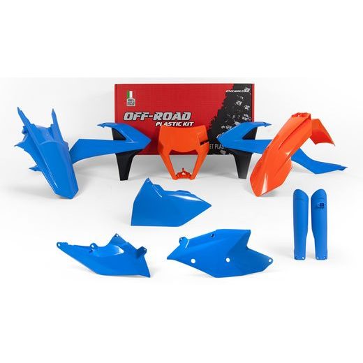 SADA PLASTŮ KTM (SPECIÁLNÍ EDICE TROY LEE DESIGNS), RTECH (MODRO-ORANŽOVO-ČERNÁ, 7 DÍLŮ, VČ. CHRÁNIČŮ VIDLIC)