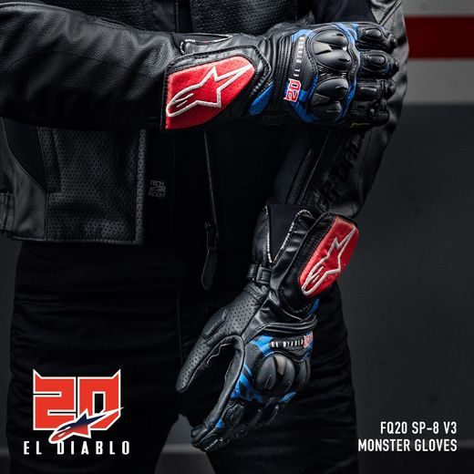 RUKAVICE SP-8 3 MONSTER FQ20 KOLEKCE, ALPINESTARS (ČERNÁ/ČERVENÁ/MODRÁ/BÍLÁ) 2024