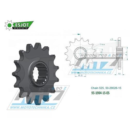 KOLEČKO ŘETĚZOVÉ (PASTOREK) 1904-15ZUBŮ ESJOT 50-29026-15 - KTM 950 LC8 ADVENTURE + 950 LC8 SUPERMOTO + 990 ADVENTURE + 990SM + 1050 ADVENTURE + 1090 ADVENTURE + 1190RC8 + 1190 ADVENTURE + 1290 SUPERADVENTURE + 1290 SUPERDUKE