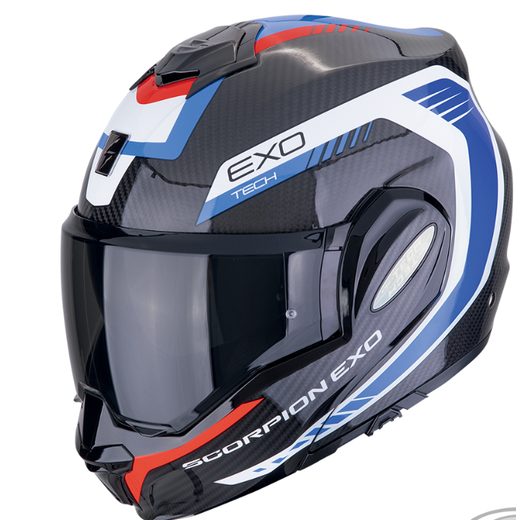 SCORPION PŘEKLOPNÁ MOTO PŘILBA EXO-TECH EVO CARBON TOP ČERNO MODRO ČERVENÁ