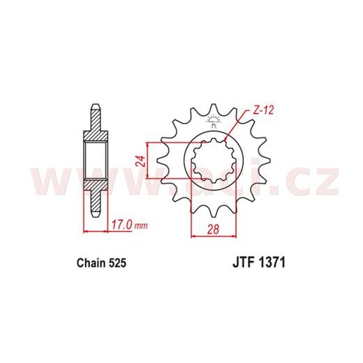 ŘETĚZOVÉ KOLEČKO S TLUMÍCÍ GUMOVOU VRSTVOU PRO SEKUNDÁRNÍ ŘETĚZY TYPU 525, JT (15 ZUBŮ)