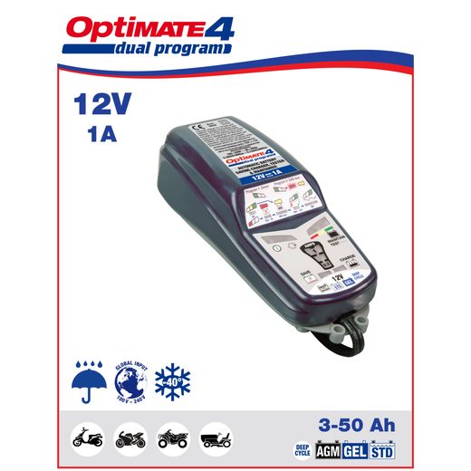 NABÍJEČKA OPTIMATE 4 DUAL (12V/0,8A) PRO OLOVĚNÉ A AGM/GEL AKUMULÁTORY (3 - 50AH)