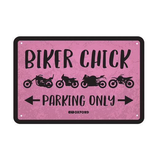 PLECHOVÁ CEDULE BIKER CHICK, OXFORD (ČERNÁ/RŮŽOVÁ, ROZMĚR 30 X 20 CM)