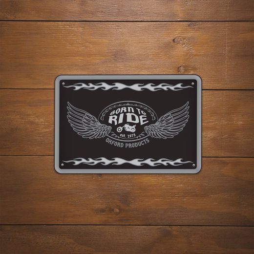 PLECHOVÁ CEDULE BORN TO RIDE, OXFORD (ŠEDÁ/ČERNÁ, ROZMĚR 30 X 20 CM)