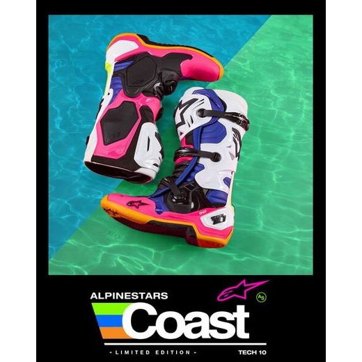 BOTY TECH 10 LIMITOVANÁ EDICE COAST, ALPINESTARS (BÍLÁ/TMAVĚ MODRÁ/RŮŽOVÁ/ŽLUTÁ FLUO/ORANŽOVÁ/ČERNÁ) 2024