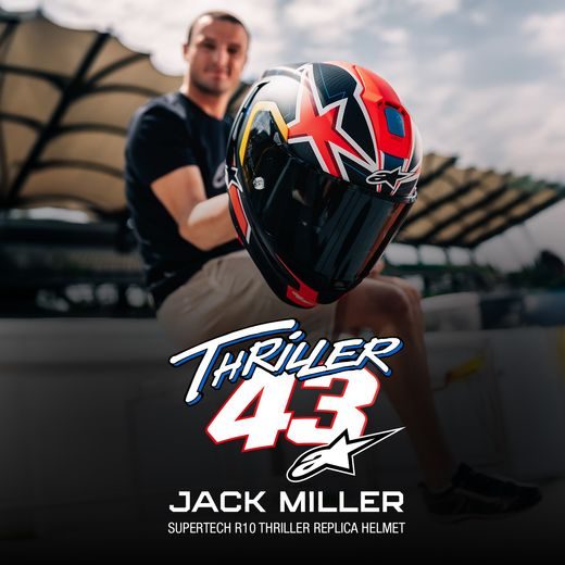 PŘILBA SUPERTECH R10 LIMITOVANÁ EDICE JACK MILLER, ALPINESTARS (MATNÝ KARBON/ČERVENÁ/MODRÁ/ŽLUTÁ/BÍLÁ) 2025
