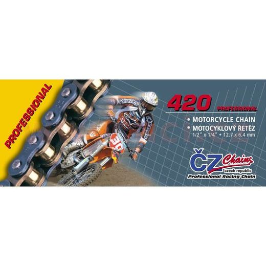 ŘETĚZ 420MX, ČZ - ČR (BARVA ZLATÁ, 124 ČLÁNKŮ VČ. ROZPOJOVACÍ SPOJKY CLIP)