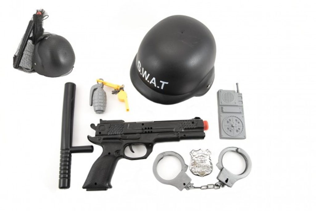 Dětský ráj l Teddies Sada policie SWAT helma+pistole na setrvačník s  doplňky plast v síťce l Teddies l Ostatní