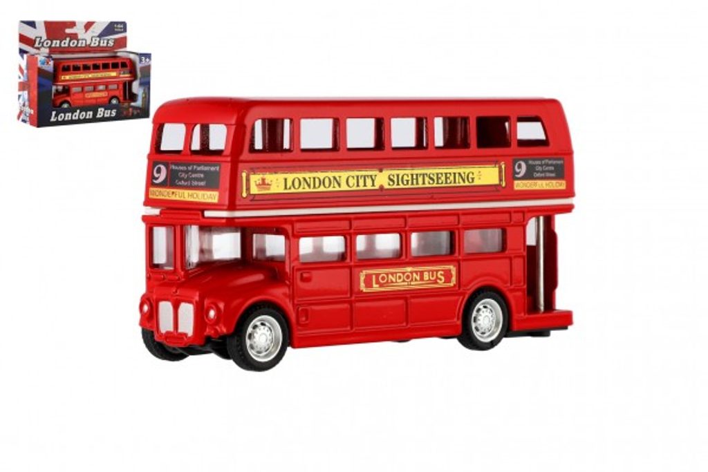 Dětský ráj l Teddies Autobus "Londýn" červený patrový kov/plast 12cm na  zpětné natažení v krabičce 17x13,5x6cm l Teddies l Do ručičky
