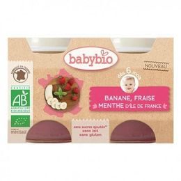 BABYBIO jablko banán a jahody s mátou 2x130 g