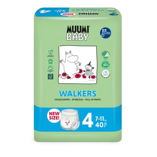 Muumi Baby Walkers 4 Maxi 7-11 kg (120 ks), měsíční balení kalhotkových eko plen