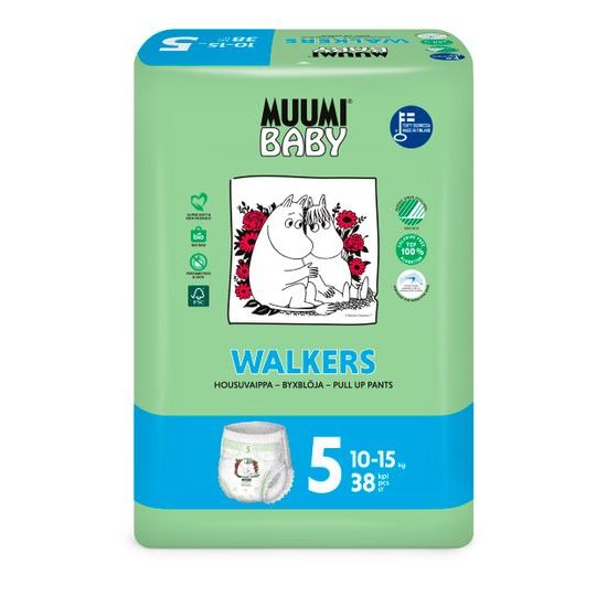 Muumi Baby Walkers 5 Maxi+ 10-15 kg (114 ks), měsíční balení kalhotkových eko plen