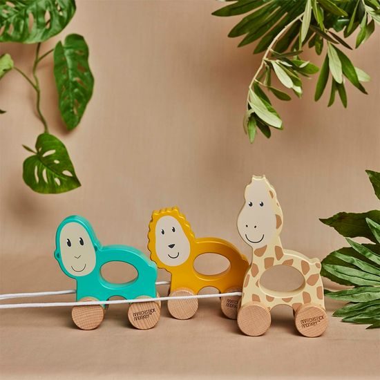 Dřevěná tahací hračka vyrobená z bukového dřeva s bavlněnou šňůrkou se vzorem žirafy.
