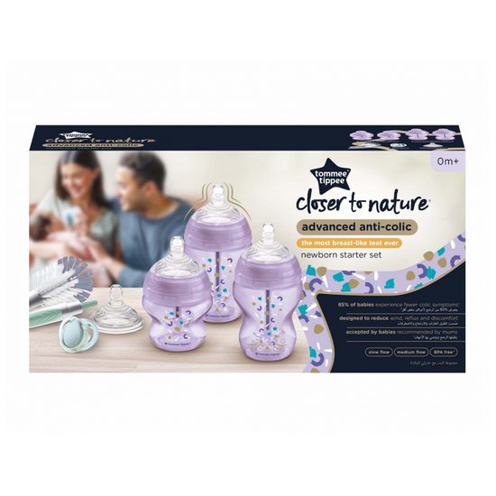 Tommee Tippee Sada kojeneckých lahviček C2N ANTI-COLIC s kartáčem Purple