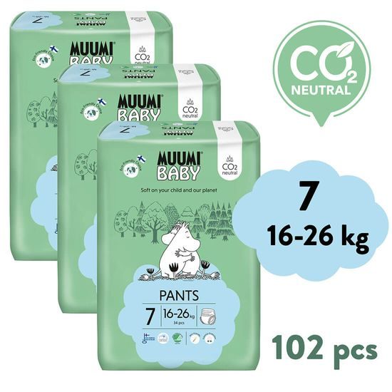 Muumi Baby Walkers 7 XL 16-26 kg (102 ks), měsíční balení kalhotkových eko plen