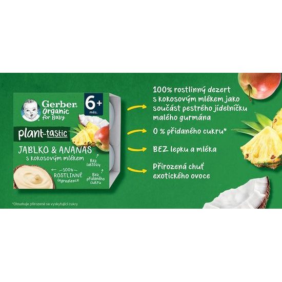 Gerber Organic 100% rostlinný dezert jablko a ananas s kokosovým mlékem 4x90g