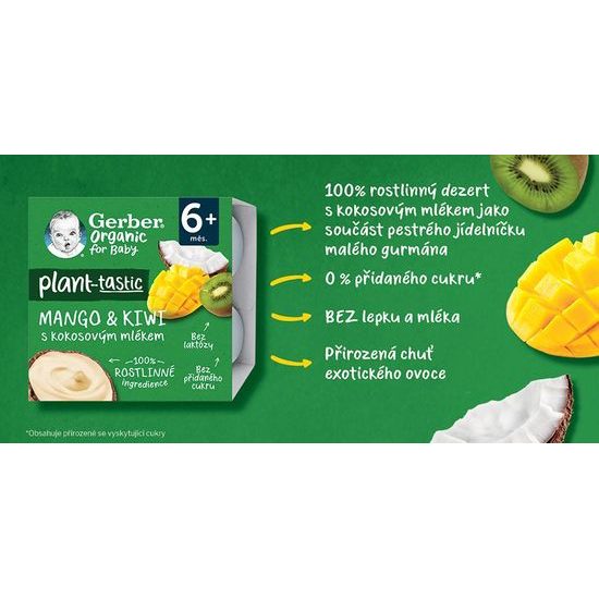 Gerber Organic 100% rostlinný dezert mango a kiwi s kokosovým mlékem 4x90g