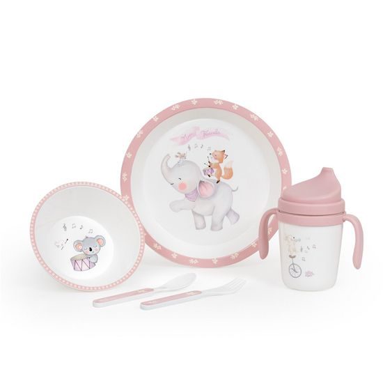 Interbaby Jídelní set ZVÍŘÁTKA +6M - růžový