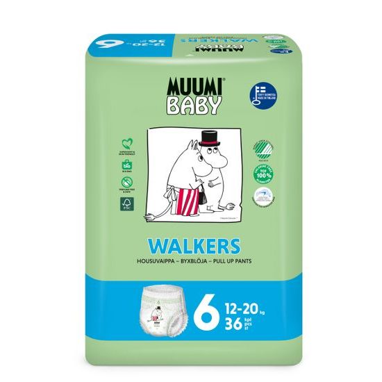 Muumi Baby Walkers 6 Junior 12-20 kg (108 ks), měsíční balení kalhotkových eko plen