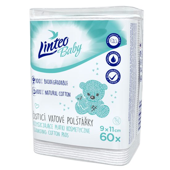 LINTEO BABY Dětské vatové čistící polštářky 9x11cm 60ks 100% BIODEGRADABLE