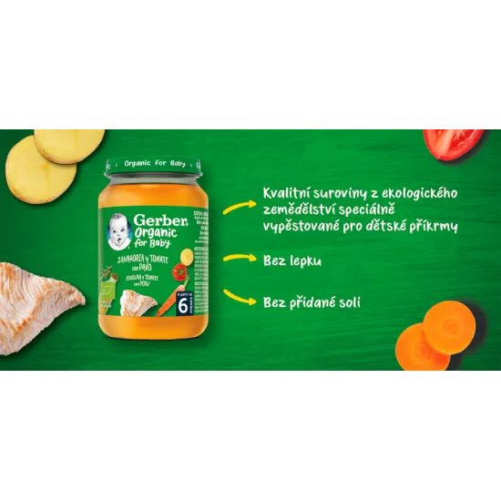 Gerber Organic dětský příkrm mrkev a rajčata s krůtím masem 190g